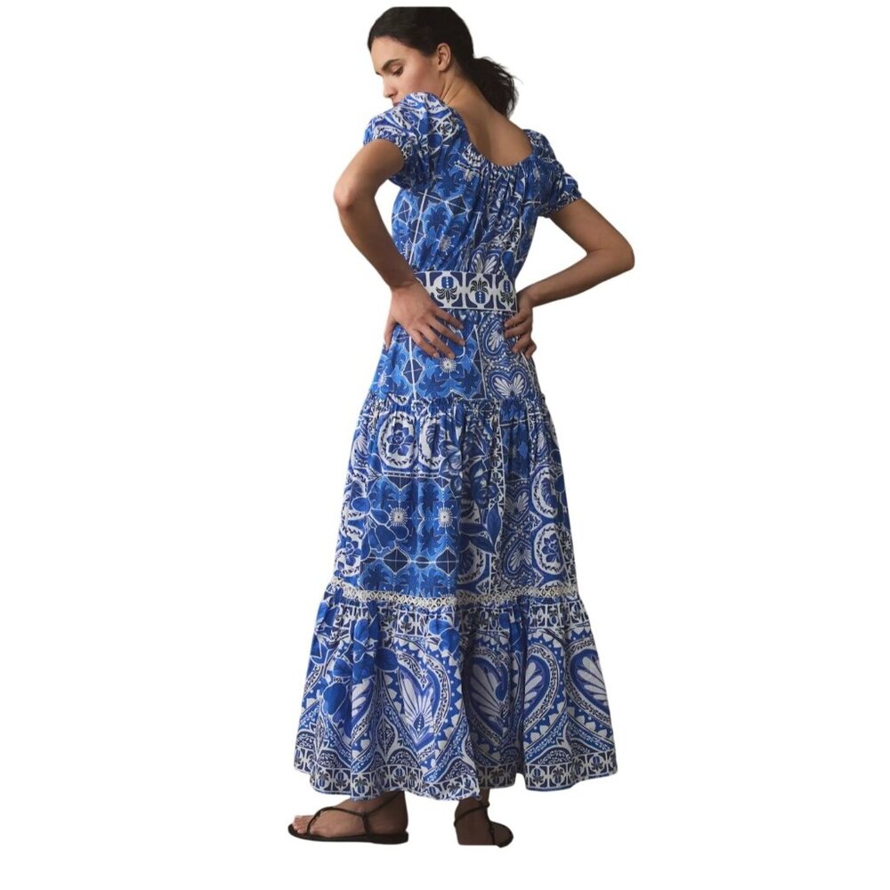 Farm Rio Maxi Blue And White Belted Dress Size L Anthropologie Blue Tile Dream - Picture 3 of 15